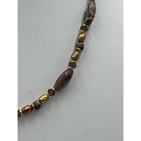 Michal Golan Agate Brown Gray Neutral Single Strand Pearl Crystal Brass necklace - Picture 16 of 16